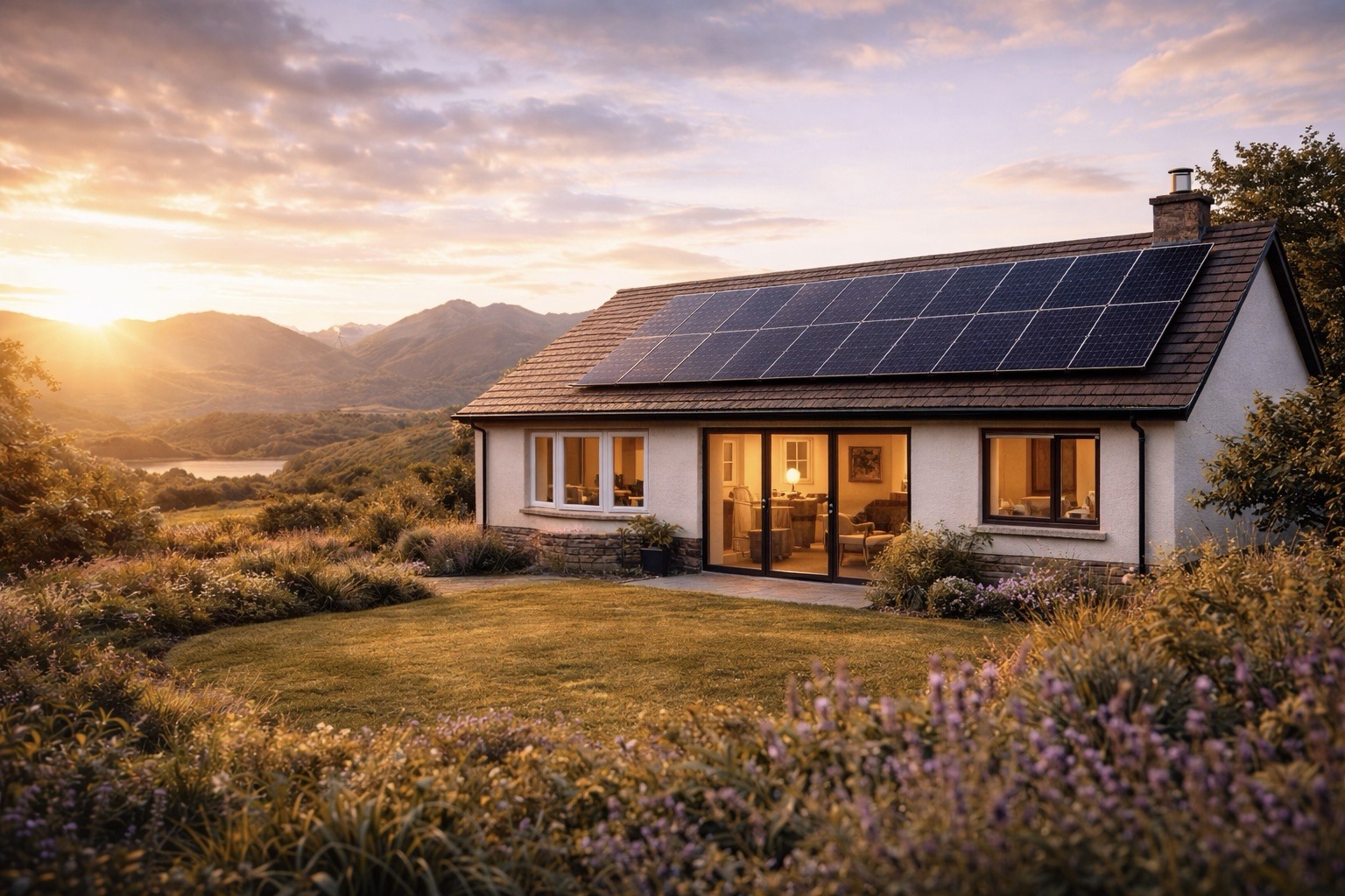 Solar panels on a bungalow roof in Scotland